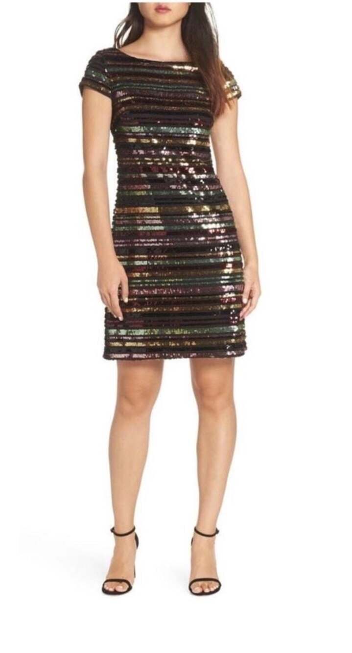 Vince Camuto Women's Multicolored Striped Sequin Short Sleeve Sheath Cocktail Dr